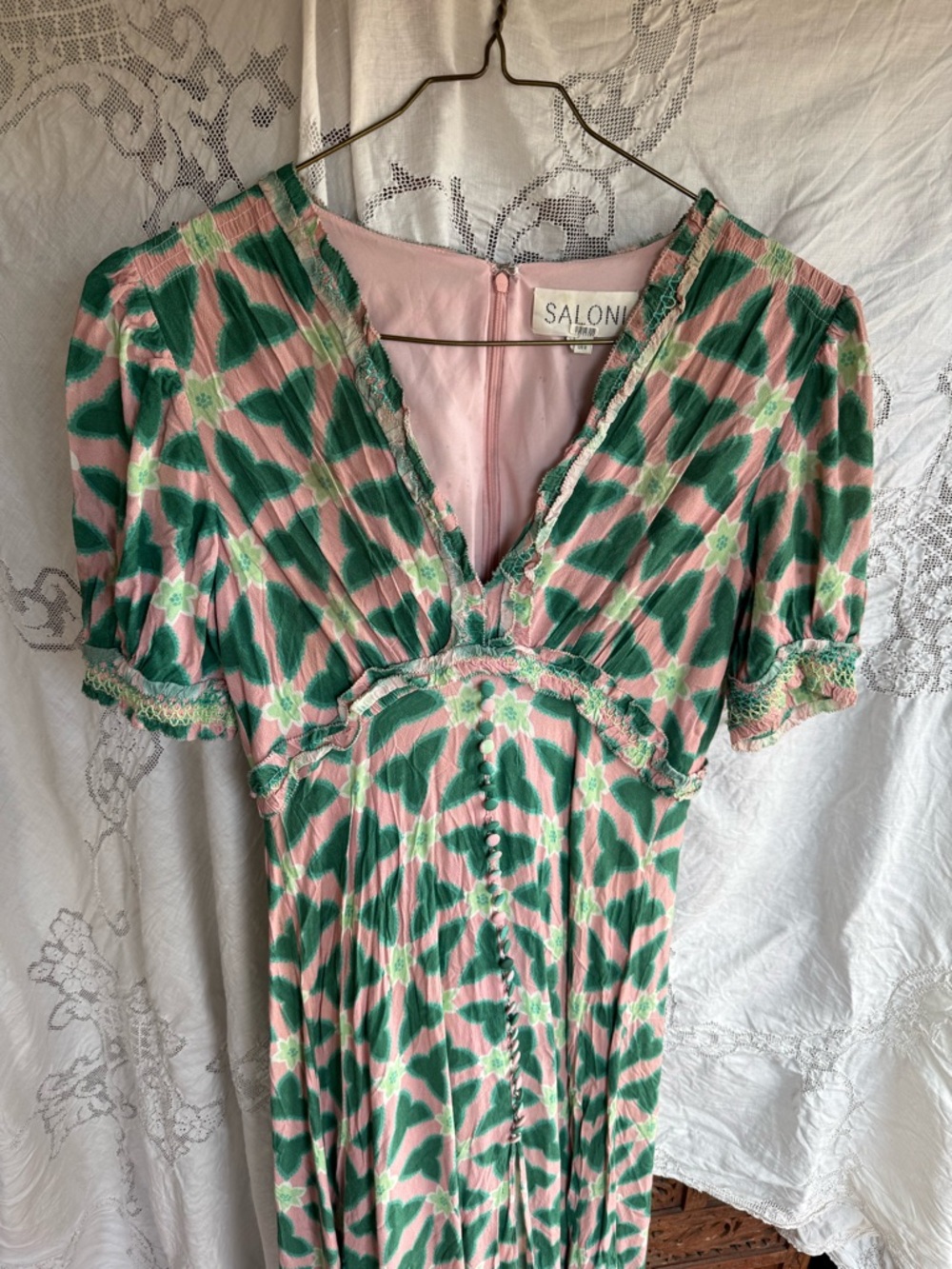 SALONI Pink and Green Floral V-Neck Dress